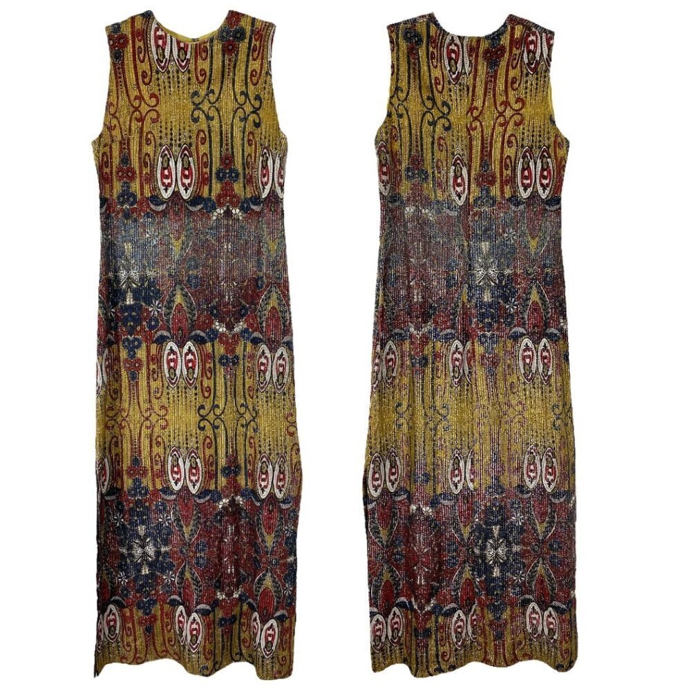 Vintage 1960s MEtallic Pleated Plisse Paisley Multi Colored Sleeveless Dress S